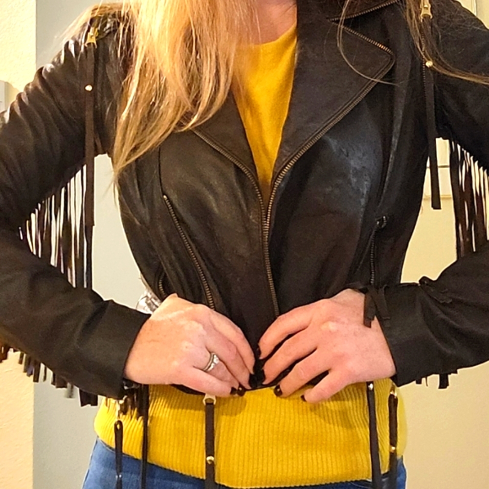 Leather fringe jacket by Sara Berman in soft brown size S